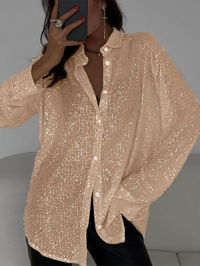 Women's Casual Shirt Button Up Shirt Blouse Sequins Buttons