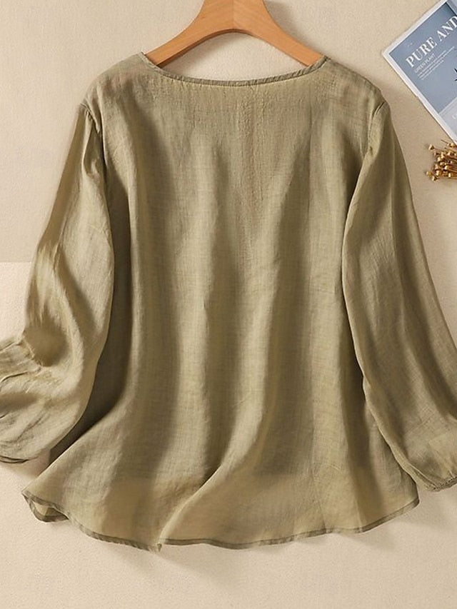 Women's Shirt Blouse Faux Cotton Linen Embroidered Solid