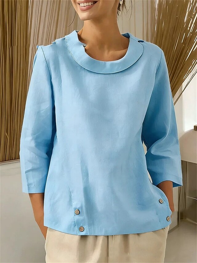 Women's Cotton Linen Shirts Blouse Dressy Tops Ruched