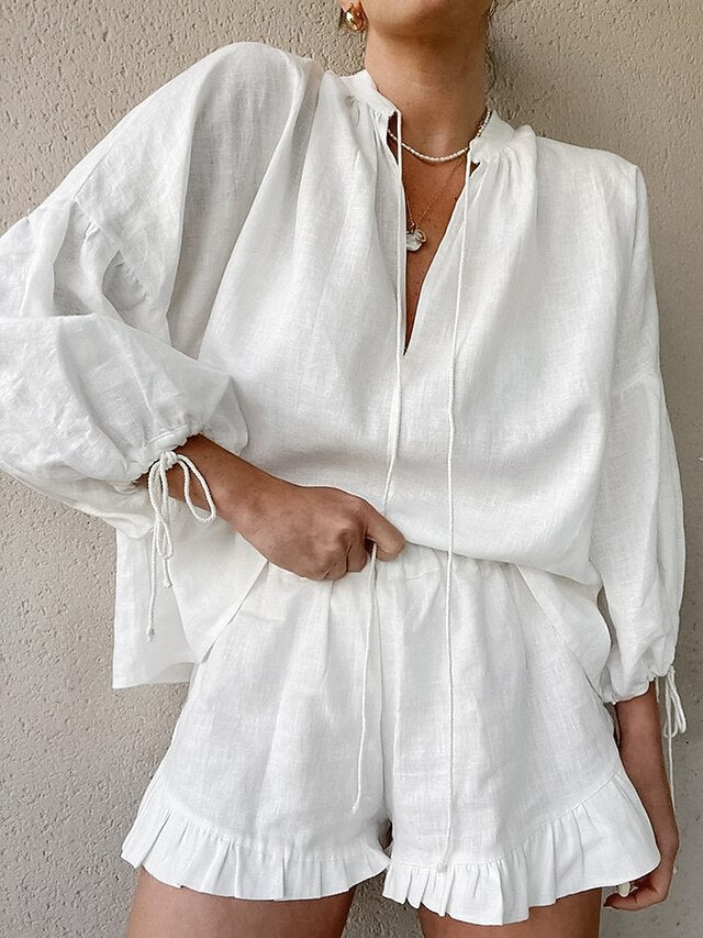 Women's Cotton Linen Sets Bolero Top Long Sleeve Lantern