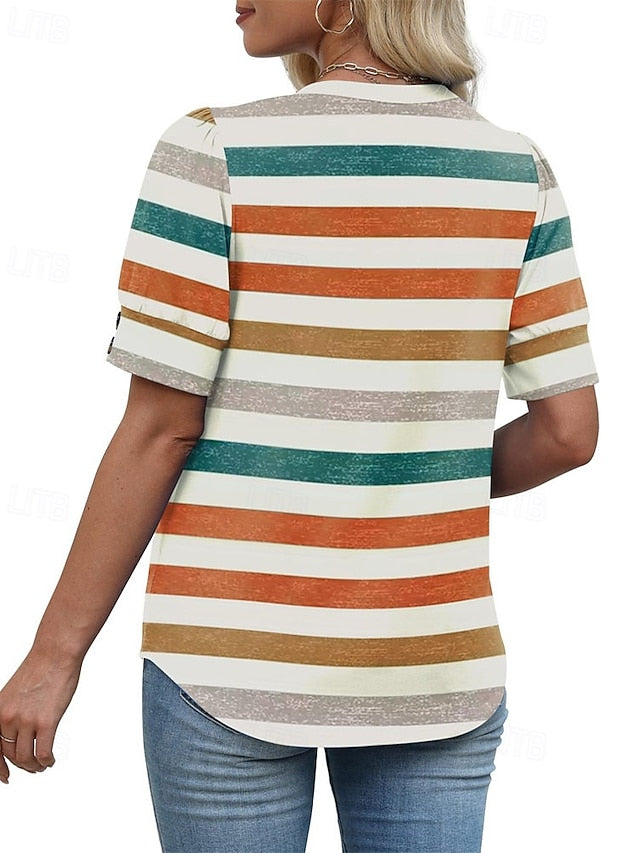 Women's T Shirt Summer Tops Patchwork Buttons Print Solid
