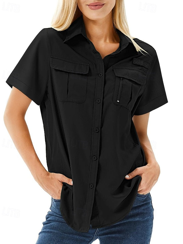 Women's Shirt Blouse Pocket Buttons Plain Casual Short