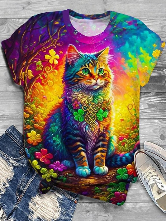 Women's T Shirt Casual Cat Print Short Sleeve Regular Tops