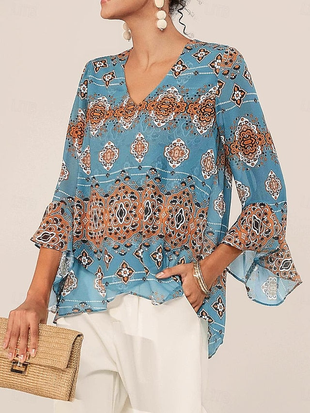 Women's Paisley Print Chiffon Peasant Top Lantern Sleeve