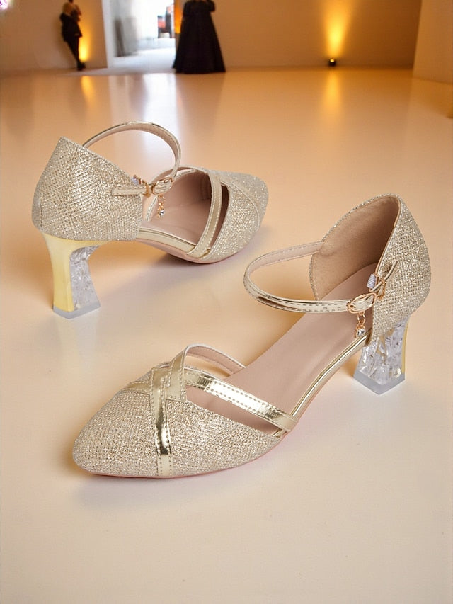 Pumps Ankle Block Elegant - Heel Gold Strap Glitter Women's