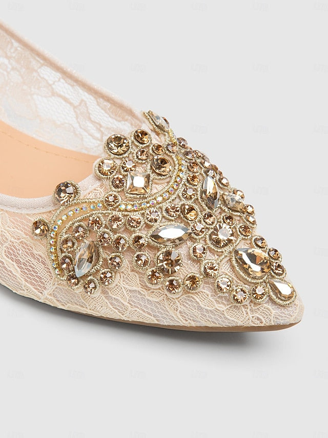 Women's Lace Ballet Ornate Flats Elegant with Beige
