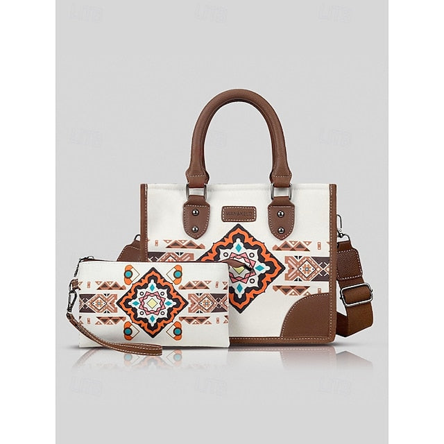 Handbag Canvas Leather Set Faux Ethnic Women's and with