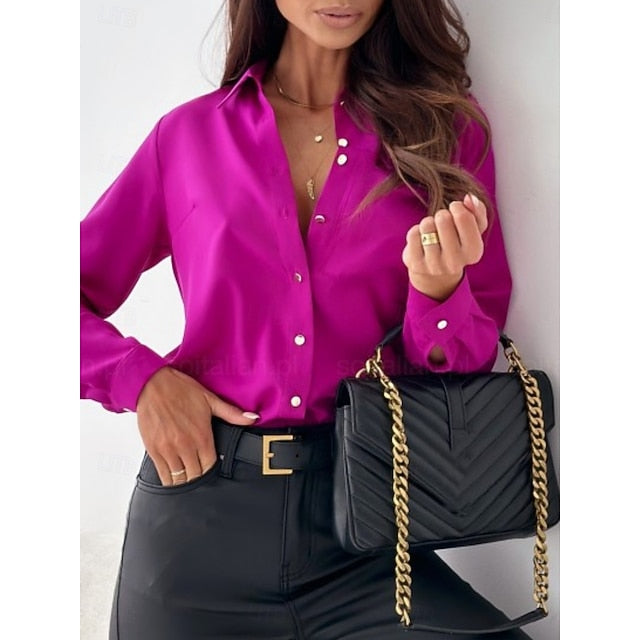 Women's Blouse Buttons Solid Color Elegant Stylish Basic