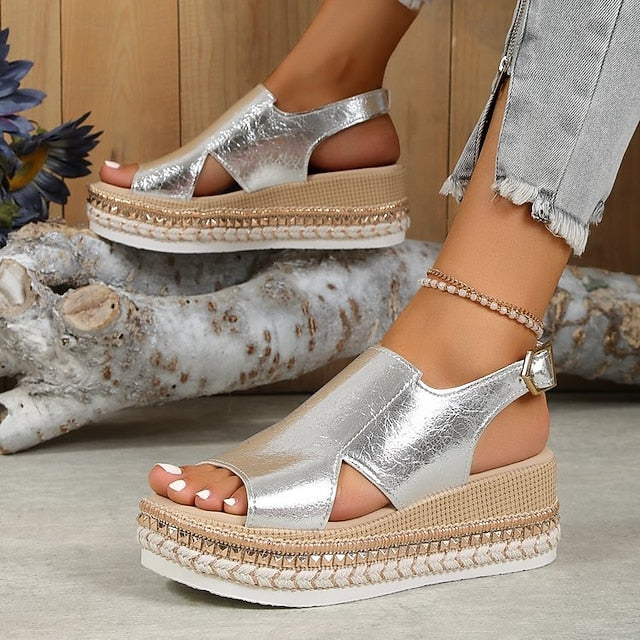 Leather Metallic Gold Espadrille Faux Platform Women's
