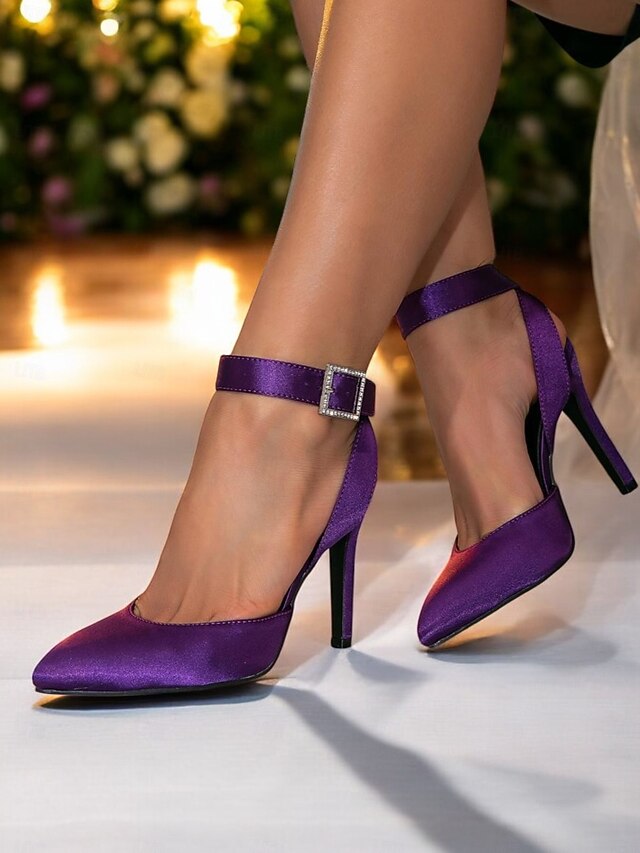 Pointed Satin Heels Ankle – Women's Toe Purple Strap