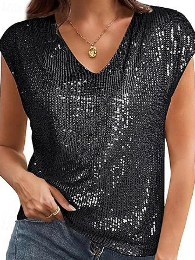 Women's T Shirt Tee Top Sequins Solid Color Elegant Fashion