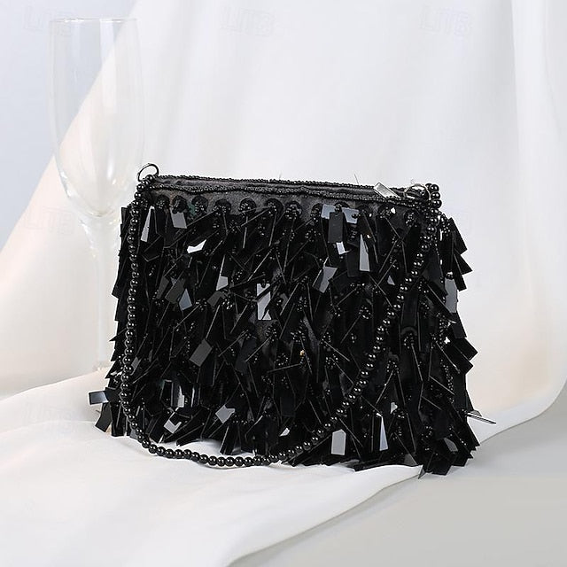and Crystal Evening Black Clutch Fringe Luxurious Sparkling with