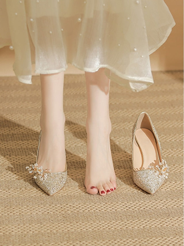 with Silver Heels Women's Stiletto Floral Glitter