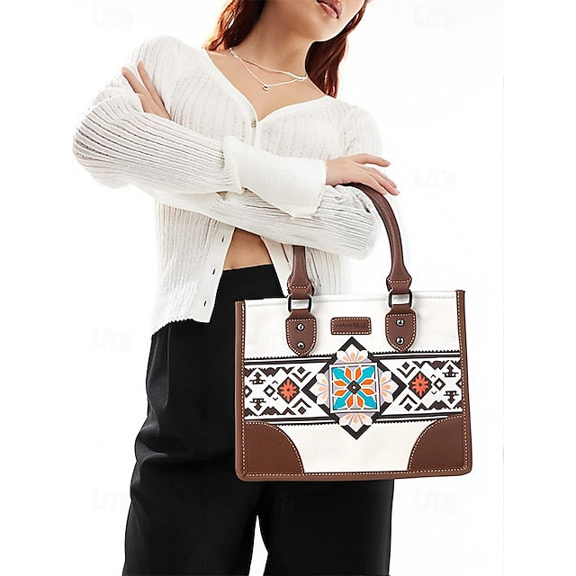 Canvas Handbag Women's and Leather Faux Set Ethnic with