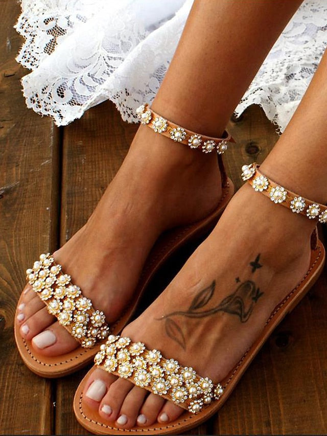 with Floral Straps Beaded Flat Ankle Chic Boho Sandals for