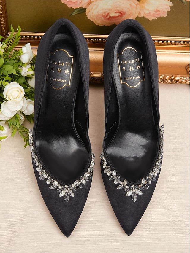 Embellishment Women's Pointed Toe Heels Satin with Crystal
