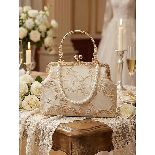 Women's Vintage Floral Brocade Pearl Handle Bag, Elegant