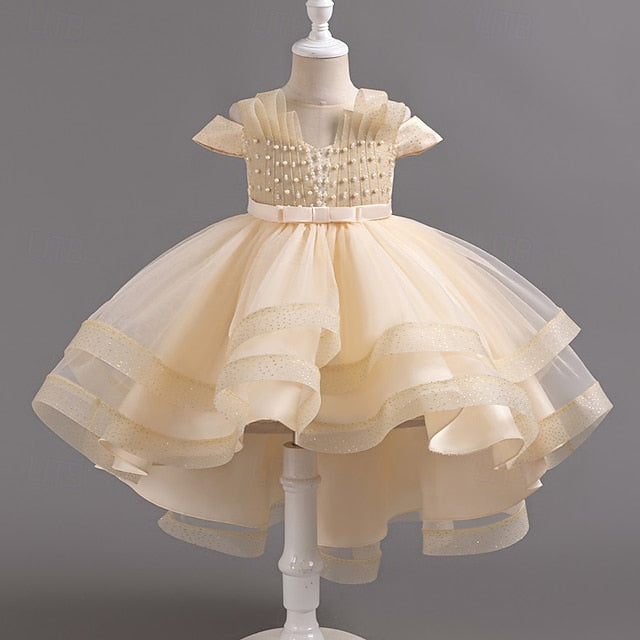 Short Color Kids Solid Wedding Dress Party Sleeve Girls'
