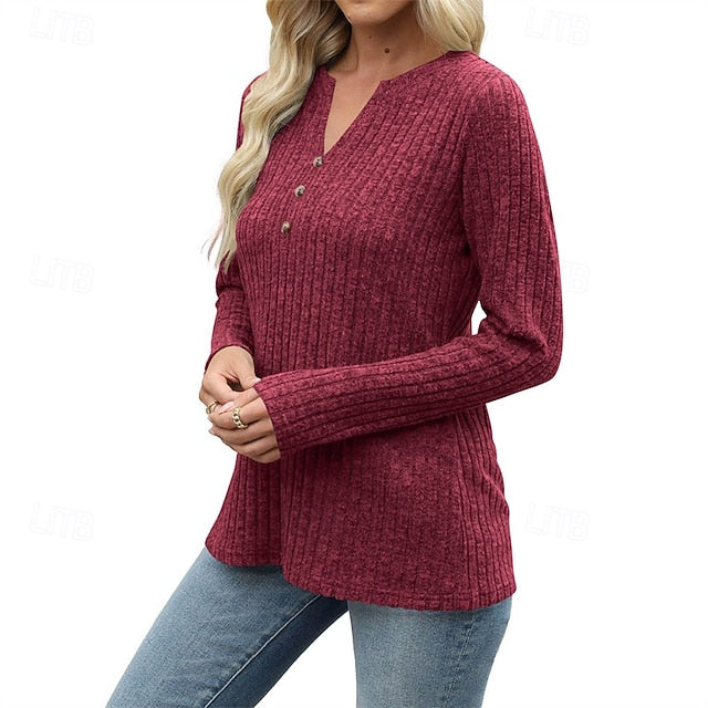 Women's T Shirt Tee Top Buttons Solid Color Stylish Classic