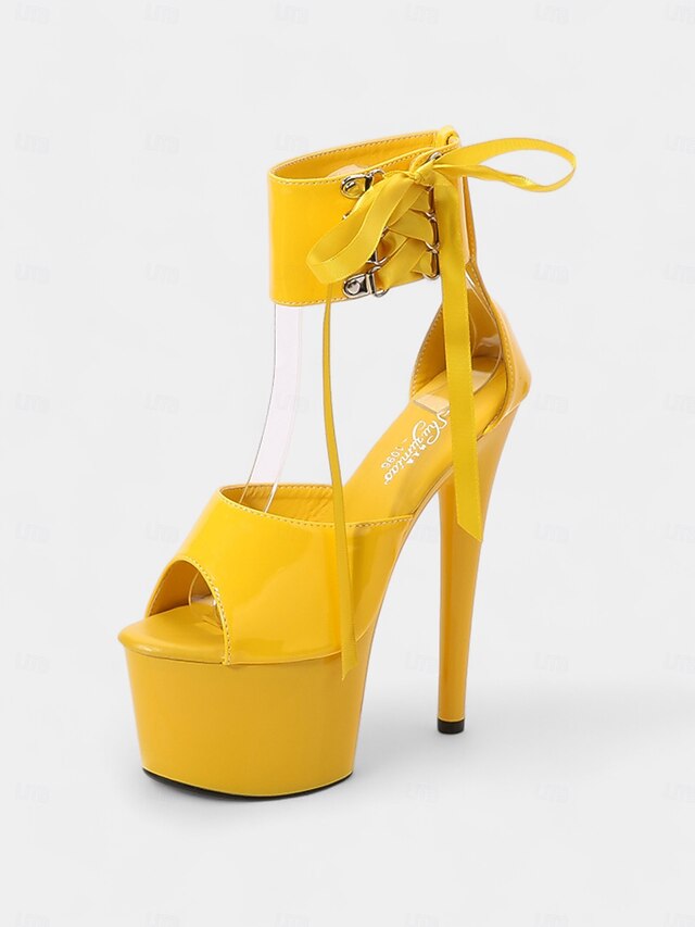 Patent Platform Sandals Lace-Up Black Straps Ankle Leather with