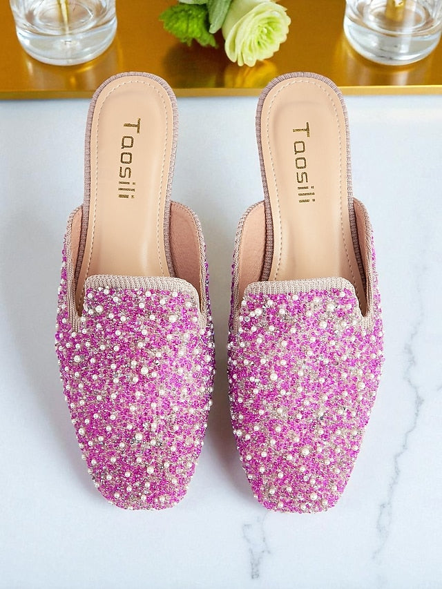 Embellished Pink and Rhinestone - Mules Pearl Women's