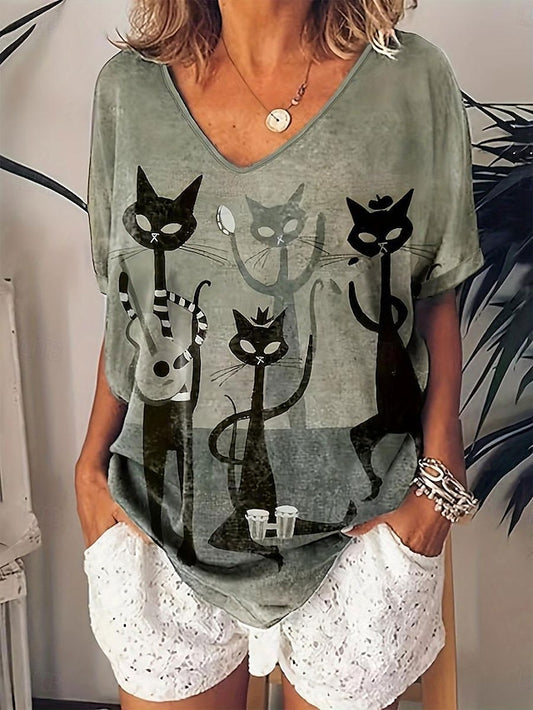 Women's T shirt Black Cat Casual Print Short Sleeve Regular