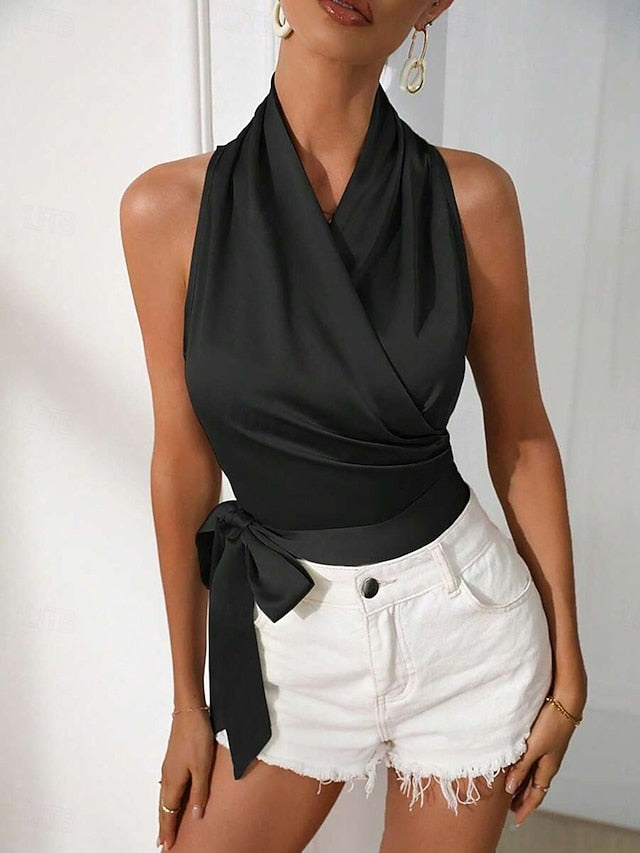 Women's Satin Tank T Shirt Tee Top Wrap Plain Elegant