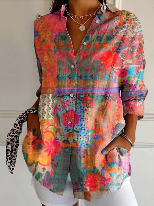 Women's Shirt Button Up Blouse Faux Cotton Linen Buttons