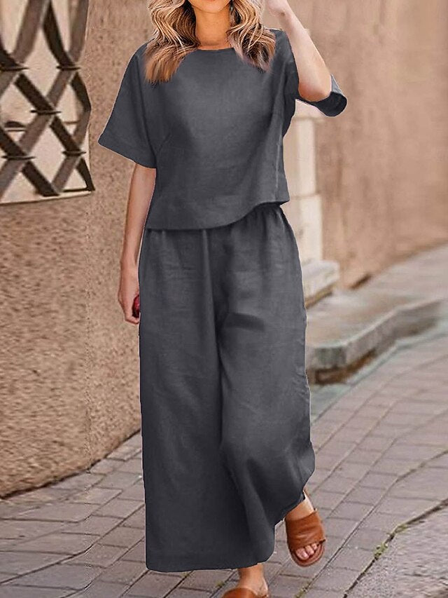 Women's Pants Sets Faux Cotton Linen Short Sleeve Plain