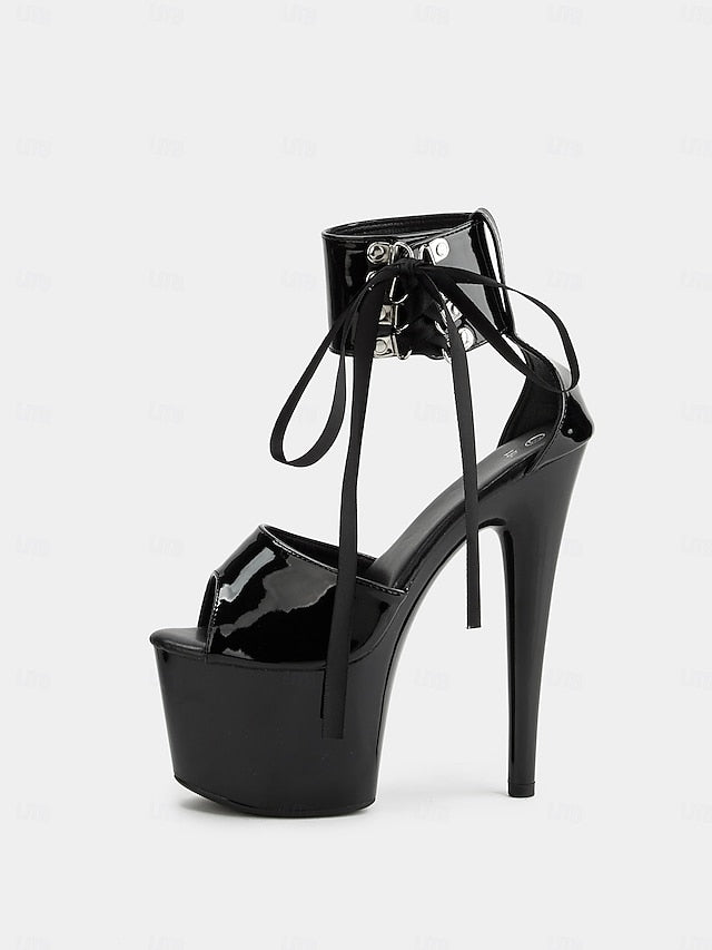 Patent Platform Sandals Lace-Up Black Straps Ankle Leather with