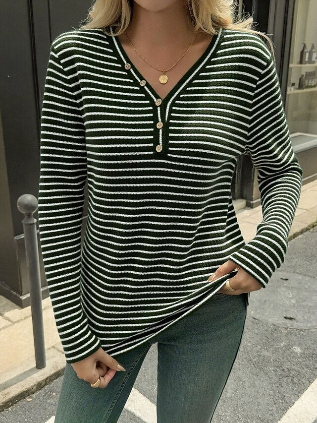 Women's Striped Knit Tops Tee Buttons Stylish Classic