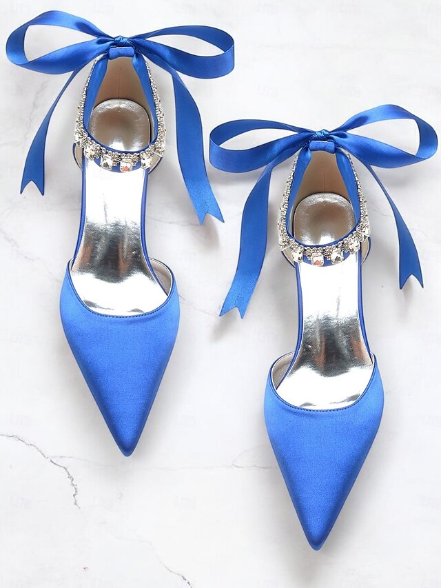 Satin Ankle Strap Blue Heels Pointed-Kitten and with Rhinestone