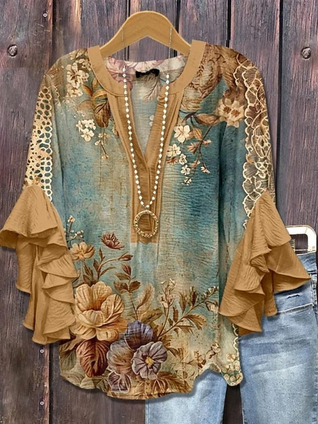 Women's Blouse V Neck Floral Graphic Elegant Bohemia Ethnic