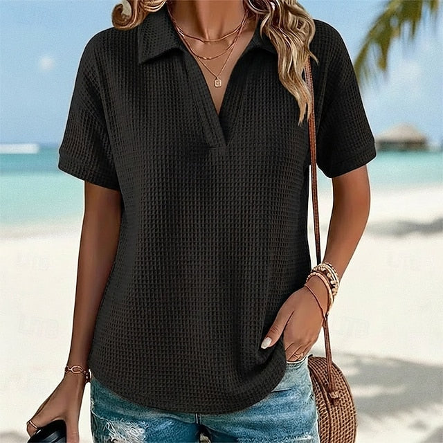Women's T Shirt Polo Shirts Waffle Knit Tops Tee Top Plain
