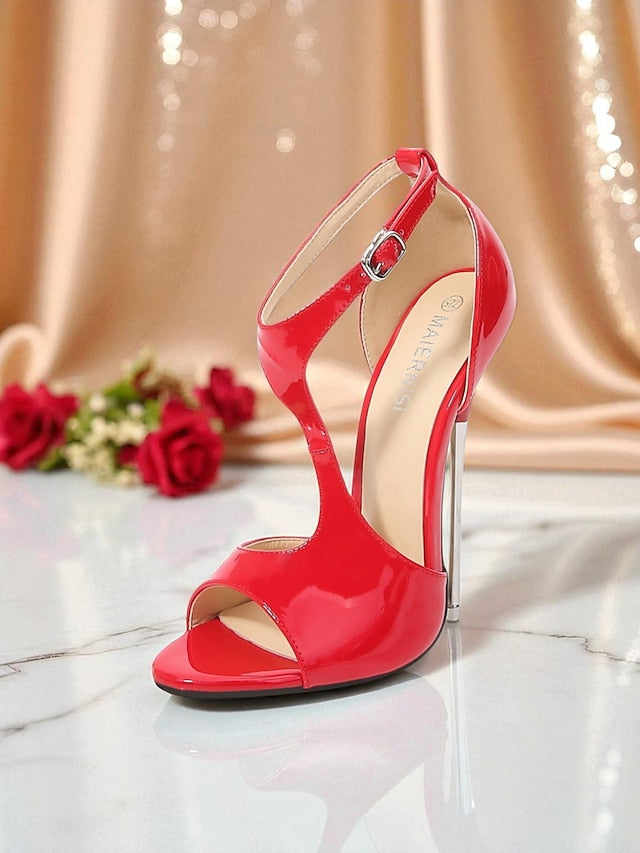 - Strappy Open Women's Red Patent Heels Leather Stiletto
