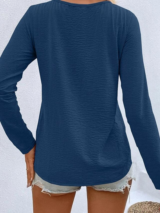 Women's T Shirt Button Front Textured Solid Color Fashion