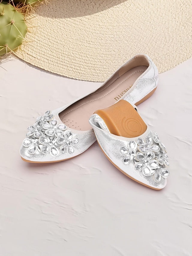 Foldable Women's Flats with Rhinestone Silver