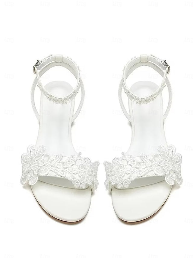 Straps Block Sandals White with Floral Lace Open-Toe Flats Ankle