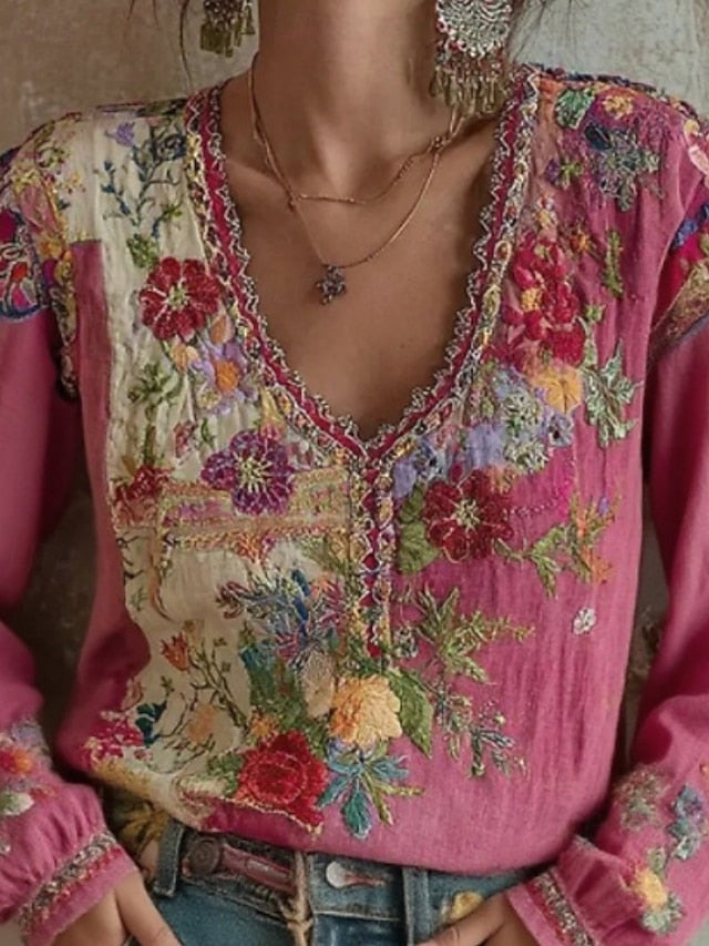 Women's Shirt Boho Shirt Blouse Embroidered Floral Graphic
