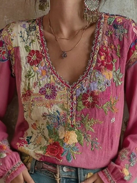 Women's Shirt Boho Shirt Blouse Embroidered Floral Graphic