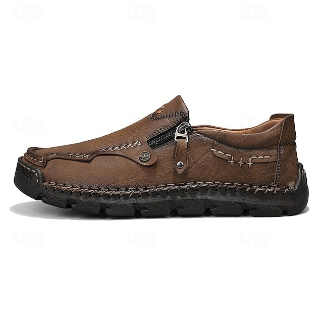 Leather with Side Faux Brown Slip-On Loafers Men's Zipper
