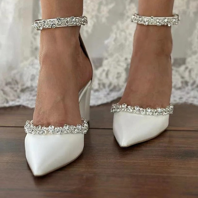 Women's White – Wedding Pointed Block Heel Toe with Shoes