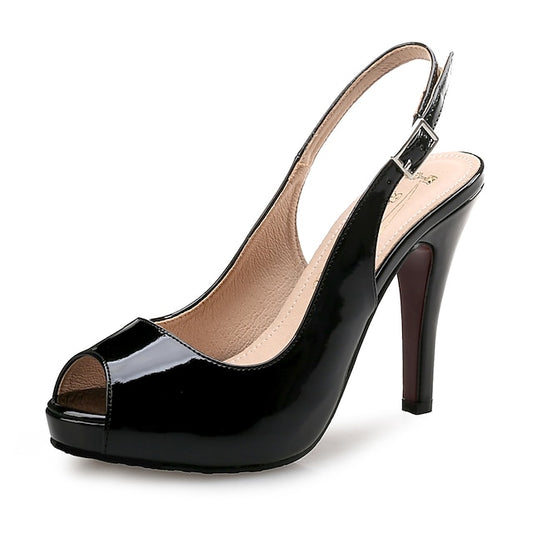 Heels Slingback Leather High Black Peep-Toe Women's Patent
