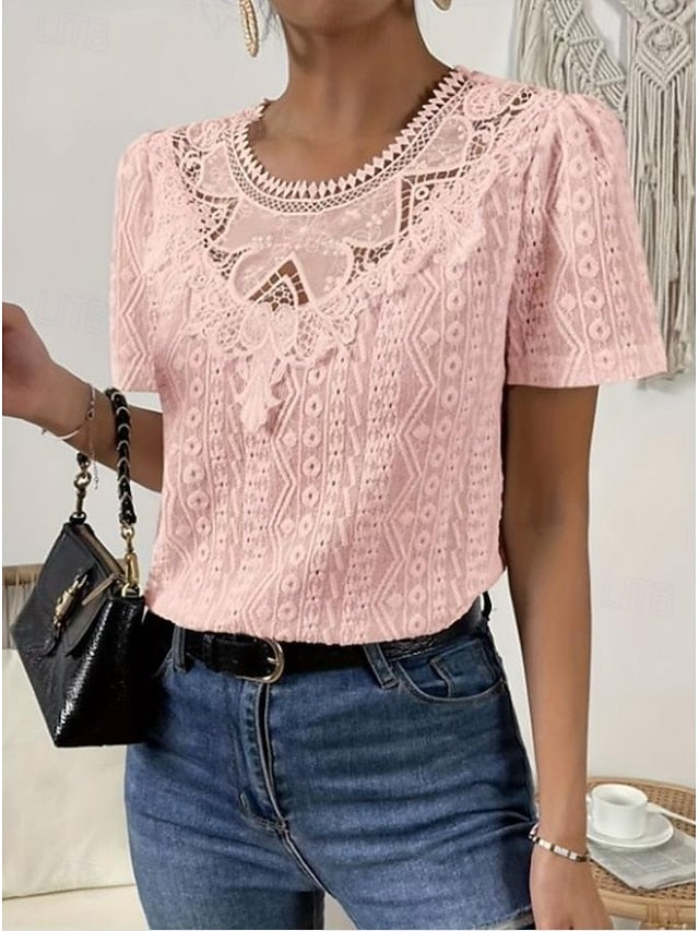 Women's T Shirt Lace Patchwork Plain Fashion Modern Casual