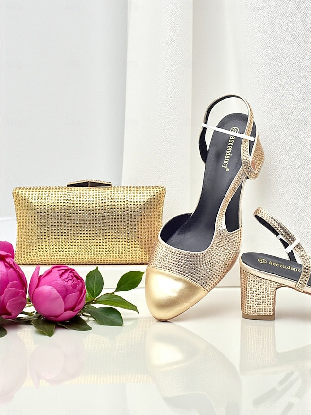- Matching and Clutch Set Heel Sandals Block Women's Gold