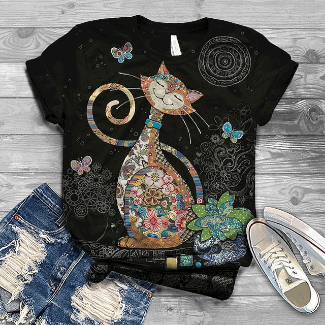 Women's T Shirt Streetwear Preppy Cat Print Short Sleeve