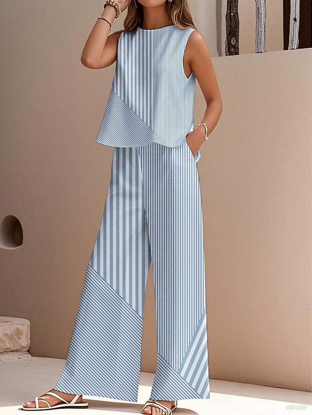 Women's Pants Sets Faux Cotton Linen Sleeveless Crew Neck