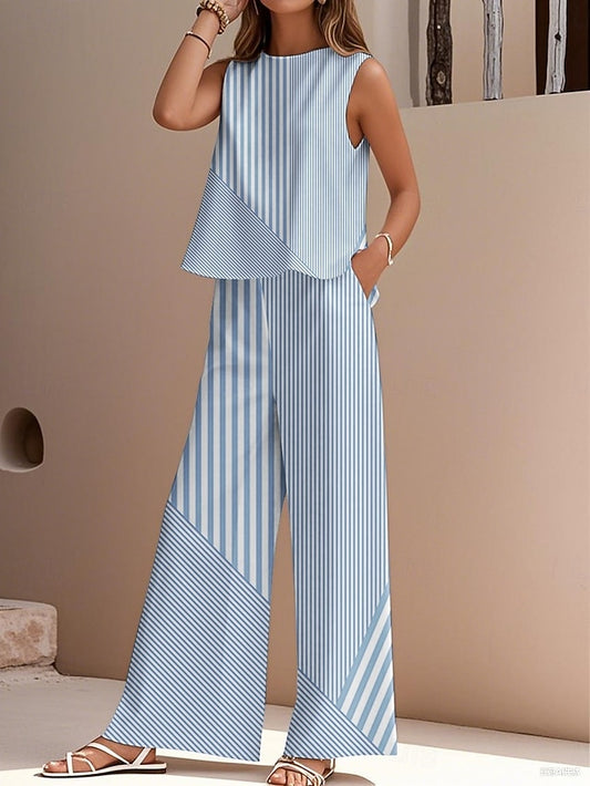 Women's Pants Sets Faux Cotton Linen Sleeveless Crew Neck