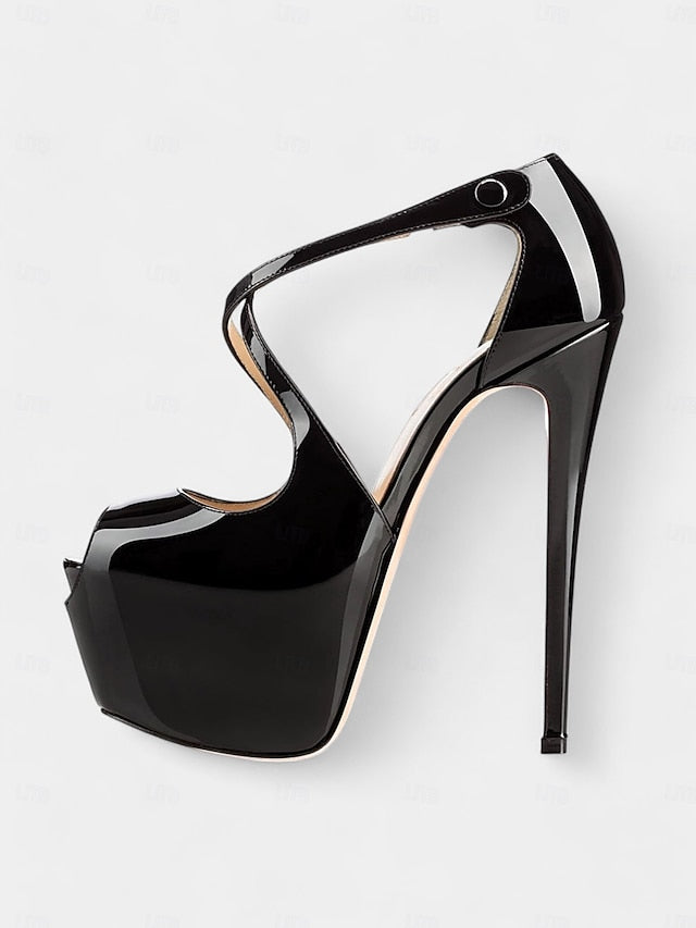 Black Leather Heels Platform Cross with Red Stiletto and Patent