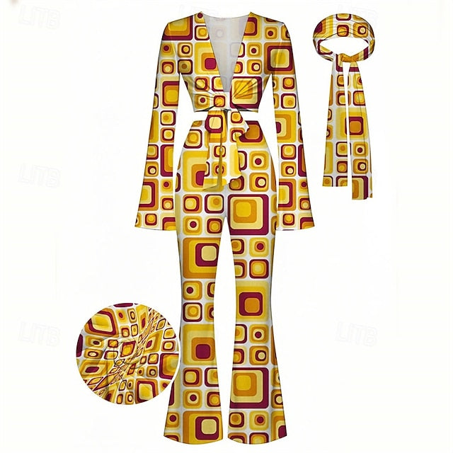 Retro Vintage 1970s Groovy Tie Front Flared Pants Set Hippie